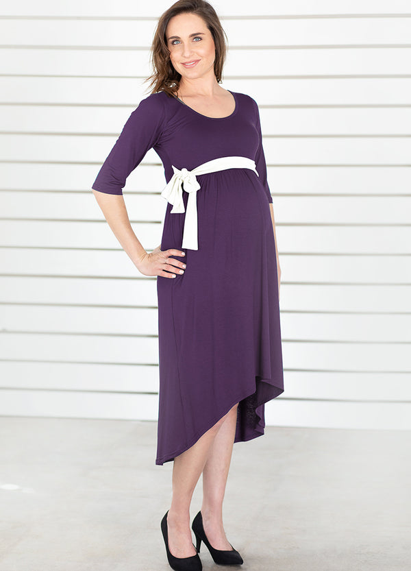 High Low Sleeved Maternity Dress - Deep Purple and Cream