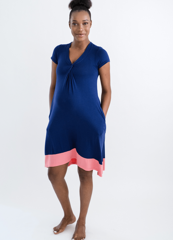 High Low Pocket Maternity Dress - Navy and Coral