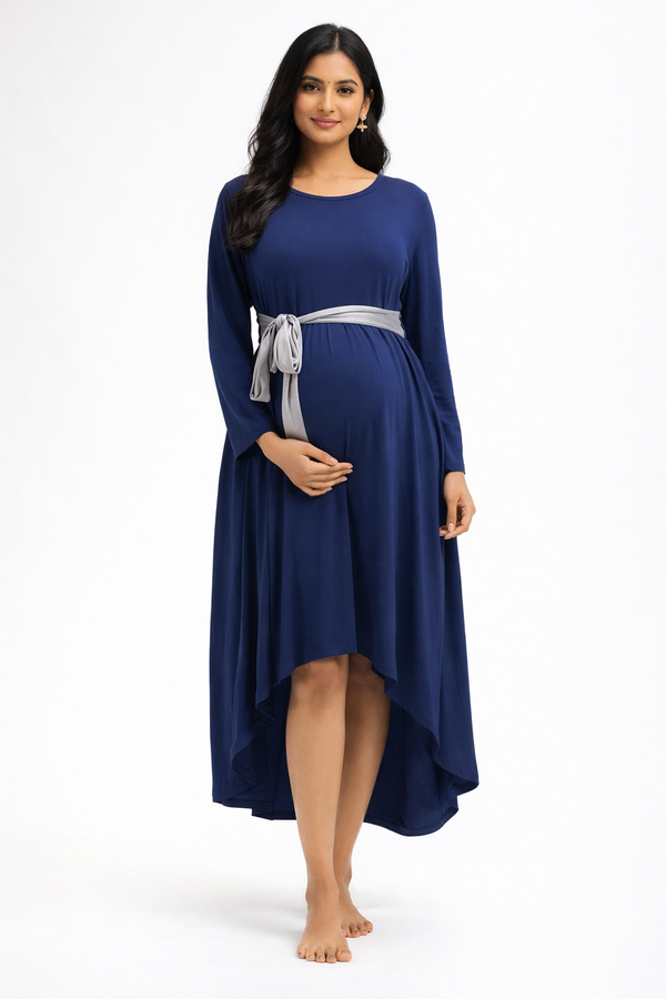 High Low Maternity Dress - Navy & Silver