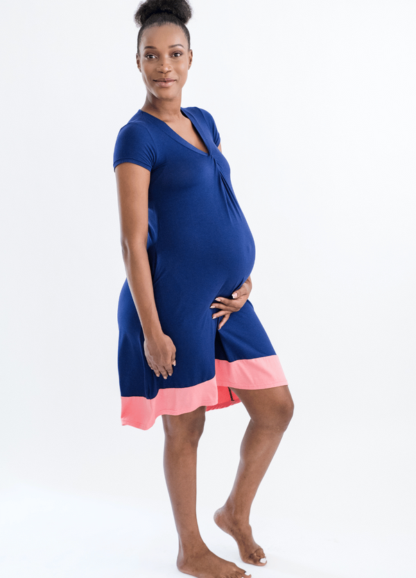 High Low Pocket Maternity Dress - Navy and Coral