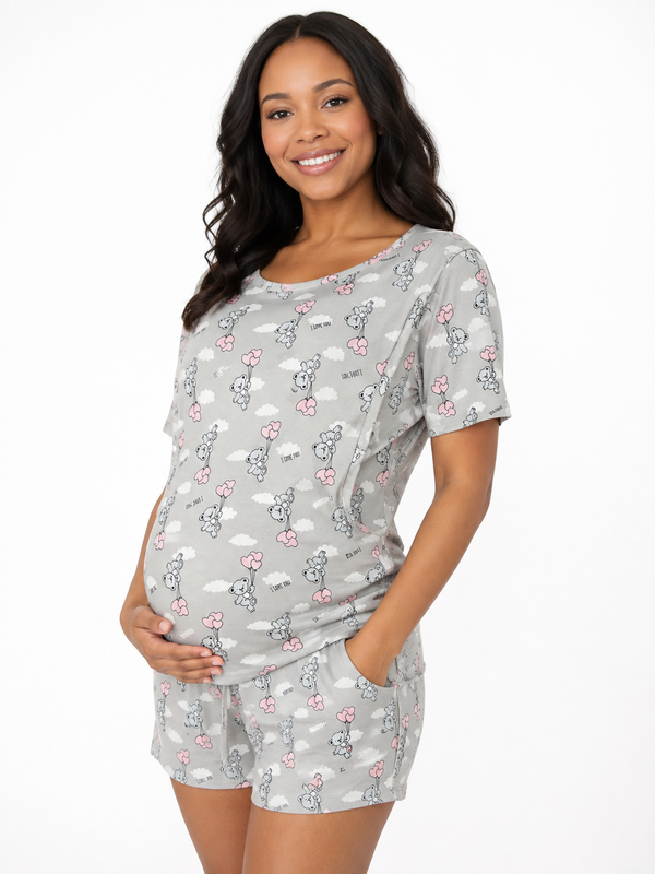 Maternity and breastfeeding summer pajamas - Grey Teddy