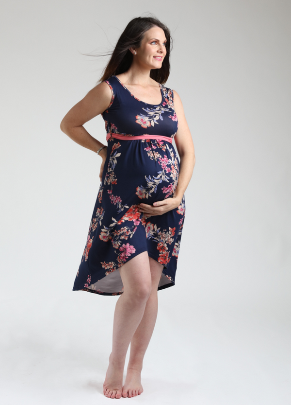 High Low Maternity Dress - Navy&Coral Floral
