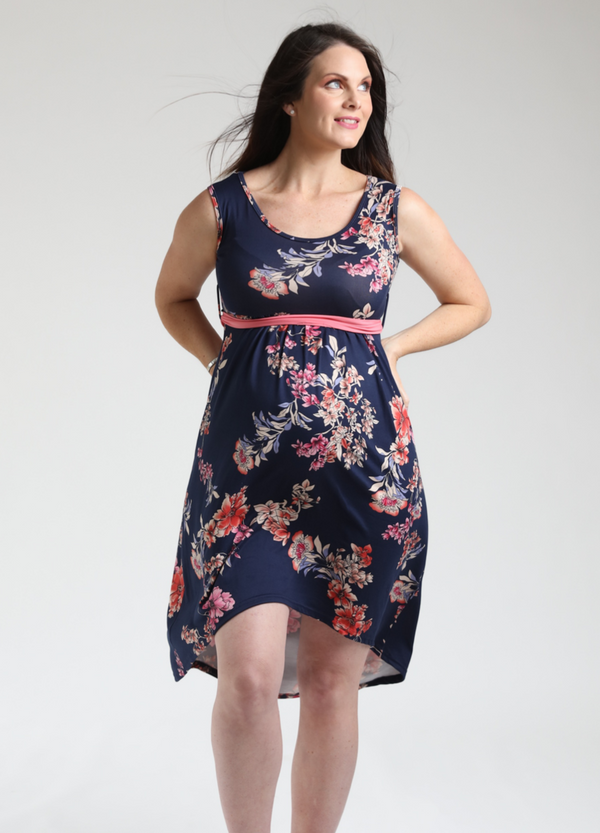 High Low Maternity Dress - Navy&Coral Floral
