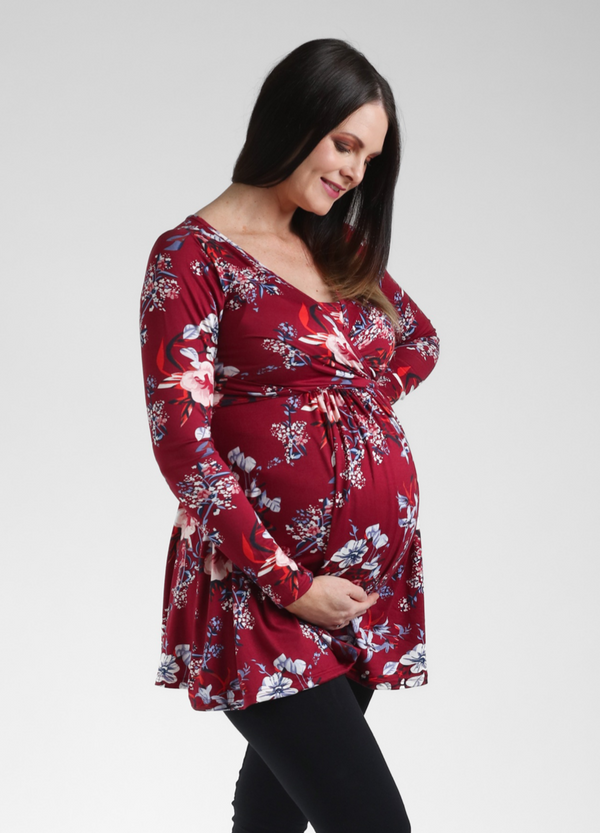 UltiMum Maternity Breastfeeding Tunic Top Long Sleeve  - Burgundy Floral