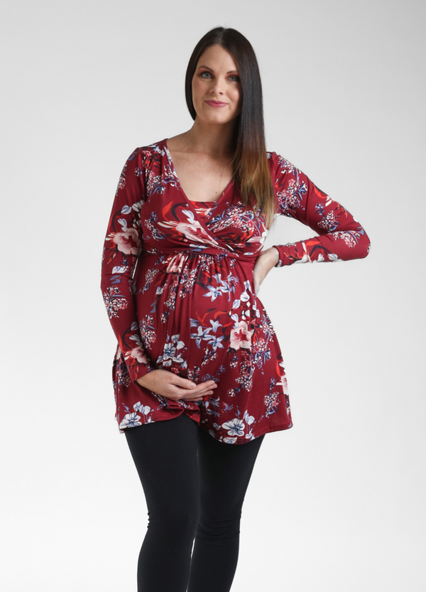 UltiMum Maternity Breastfeeding Tunic Top Long Sleeve  - Burgundy Floral
