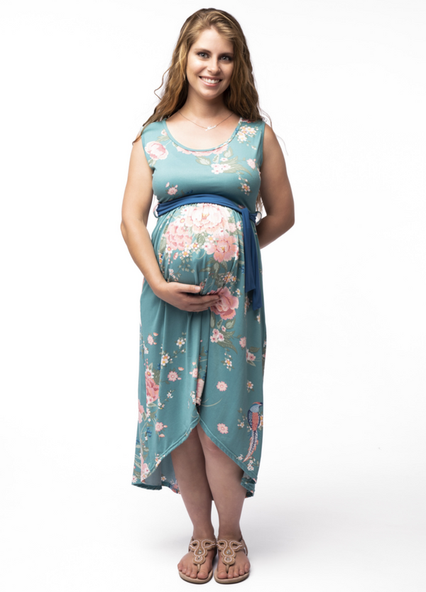 High Low Maternity Dress - Turquoise & Pink Floral