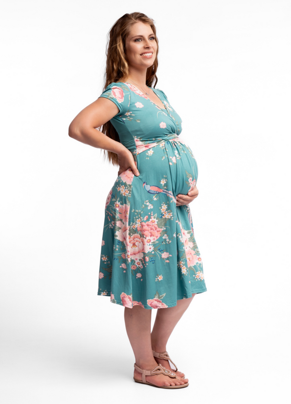UltiMum Maternity Breastfeeding Dress Short Sleeve - Turquoise & Pink Floral
