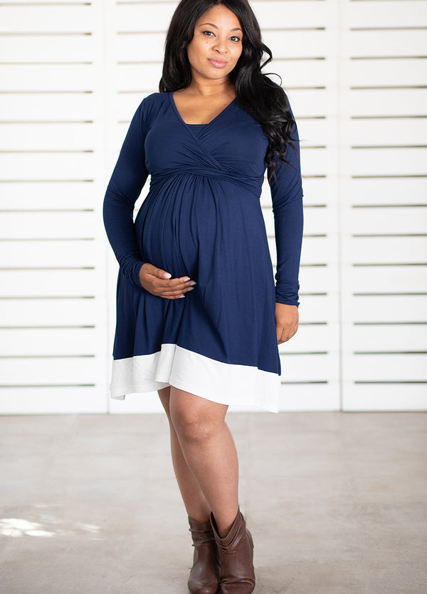 UltiMum Maternity & Feeding Dress Long Sleeved - Navy&Vanilla - Lonzi&Bean Maternity